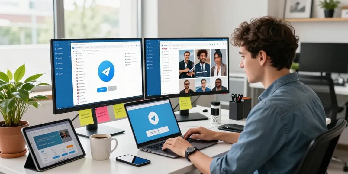 Engaged user navigating the Telegram Web Version in a modern office environment.