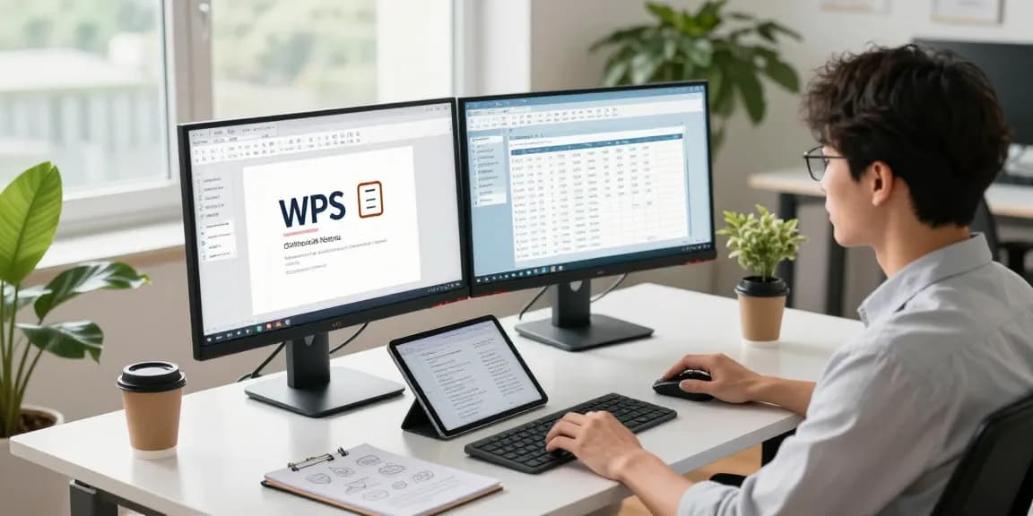 Professional workspace showcasing WPS Official Website applications on dual monitors, vibrant office atmosphere.