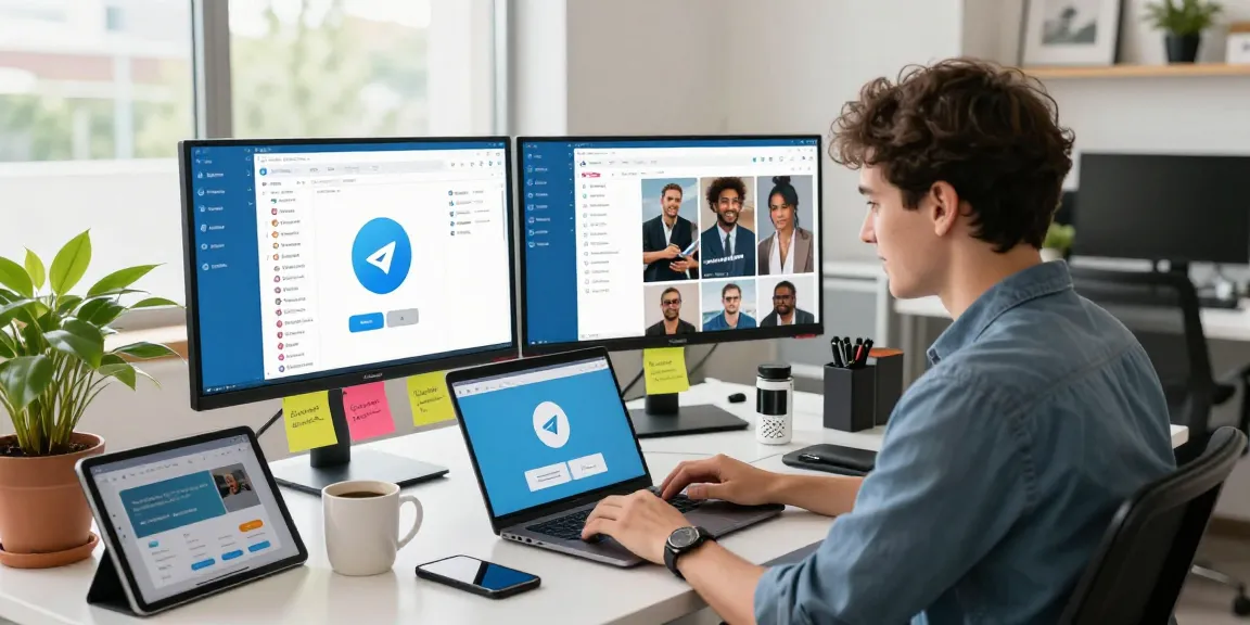 Engaged user navigating the Telegram Web Version in a modern office environment.