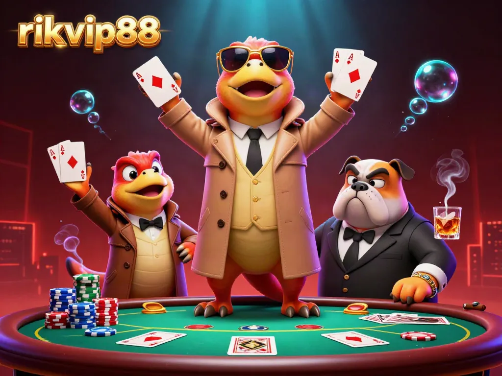 Rikvip88 illustration featuring raptors in a trench coat at a VIP casino lounge.