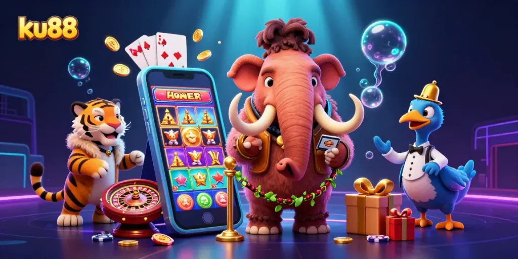 ku88 showcases vibrant 3D cartoon characters enjoying a colorful slot game experience, enhancing the excitement.