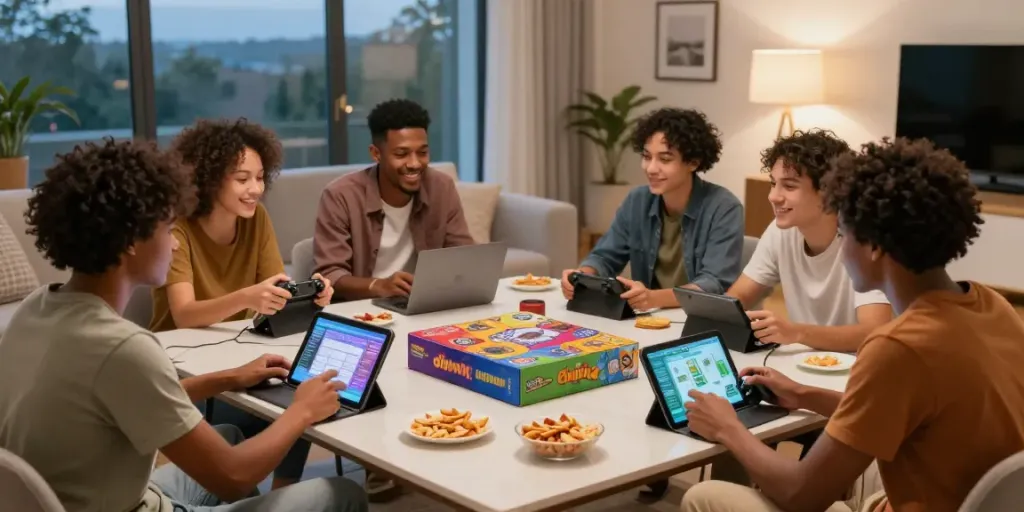 Friends enjoying rokok88 offline games in a cozy living room.