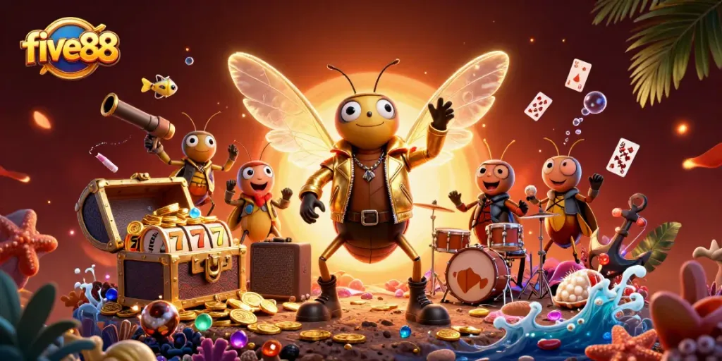 Play with five88's exciting games as a vibrant cicada rock star band performs amidst dynamic casino elements.