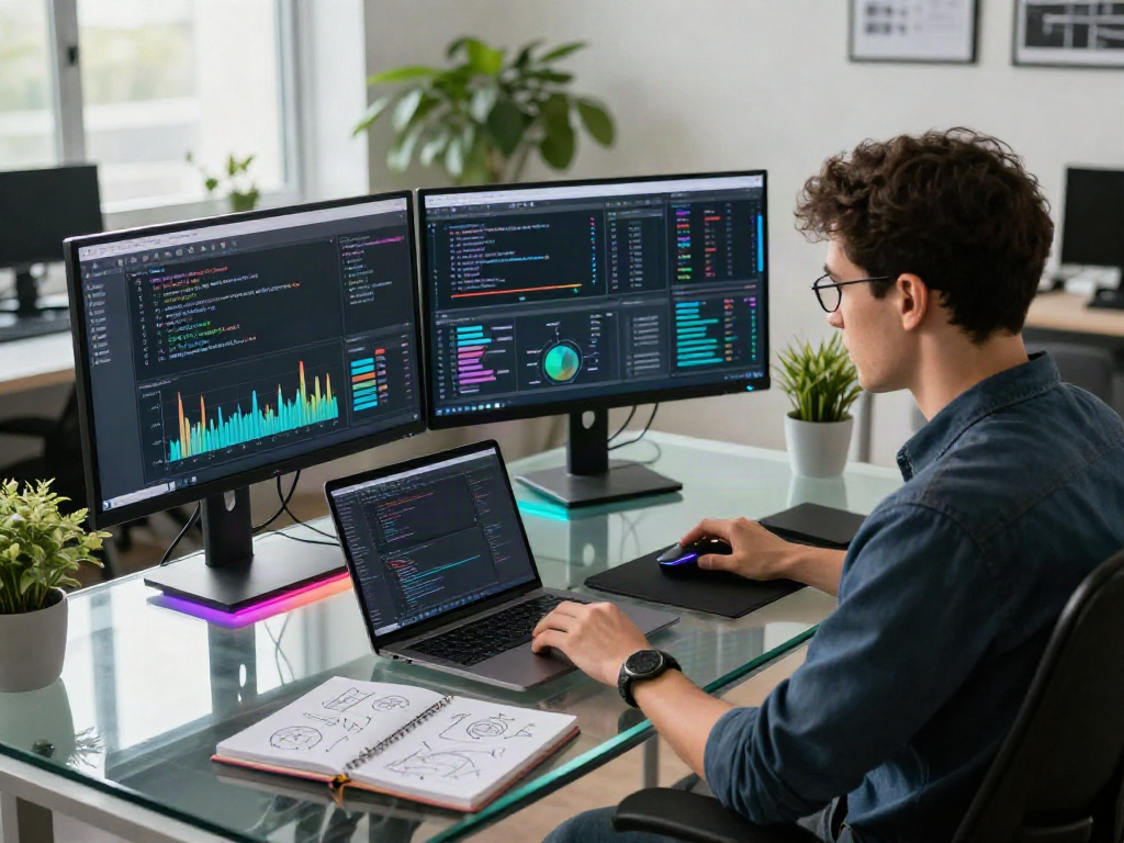 Data scientist analyzing algorithms and graphs in a modern workspace with crushonai tools.