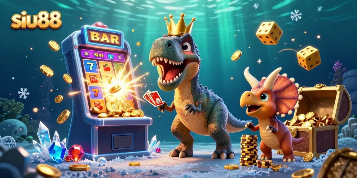 Siu88 engages players with a vibrant 3D casino scene featuring dinosaurs and jackpots.