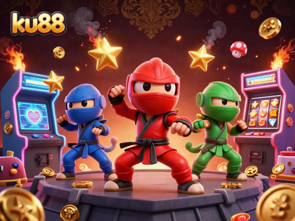 ku88 chameleons showcase synchronized martial arts atop a colorful casino-themed rooftop