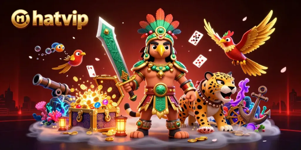 Nhatvip game experience with a kayak warrior eagle, jaguar, gold coins, and playing cards.