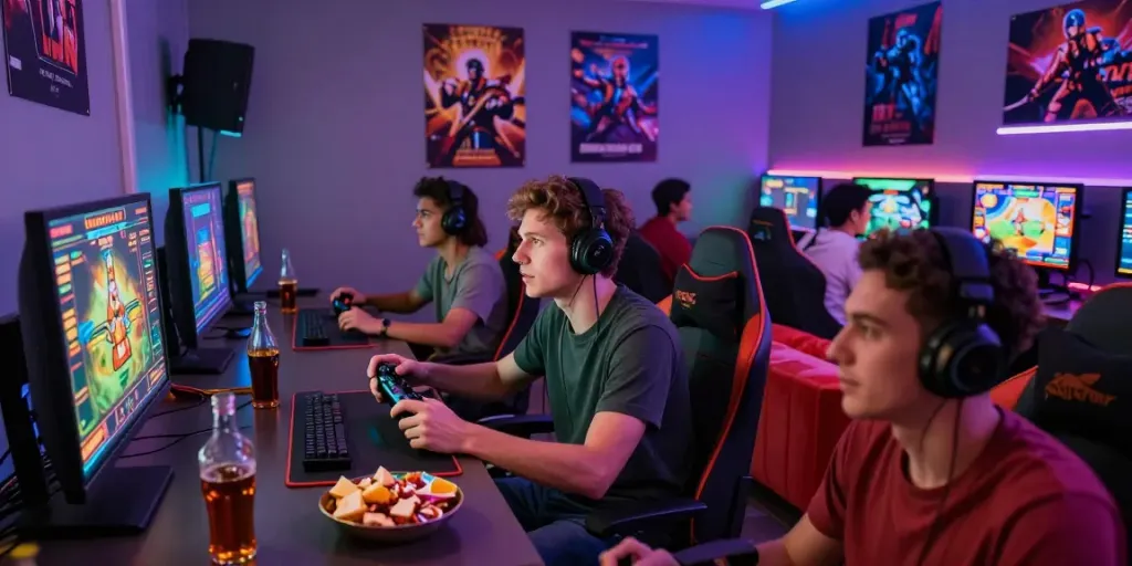 Young adults playing rokok88 slot game in a vibrant gaming lounge.