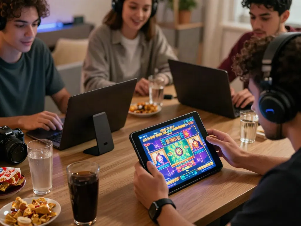 Exciting rokok88 super gaming atmosphere with players enjoying slot games.