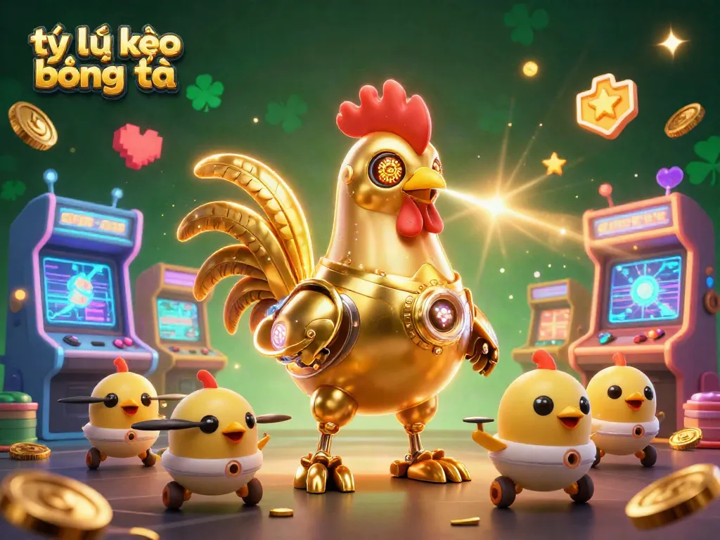 Engage with tỷ lệ kèo bóng đá through a vivid 3D casino scene featuring a golden rooster robot.