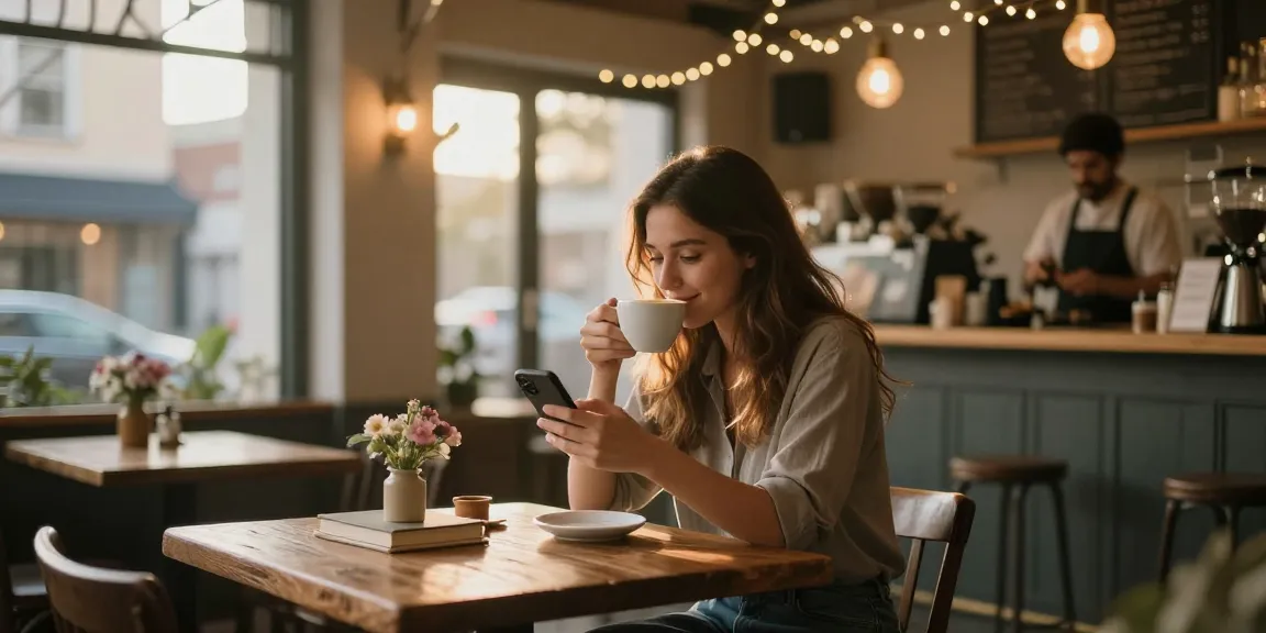 Cozy café scene depicting a woman daydreaming about a crush on someone, with coffee and warm lighting.