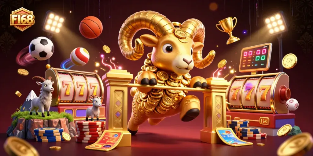 Experience thrilling gameplay with the F168 golden ram charging through slot machines and jackpots.