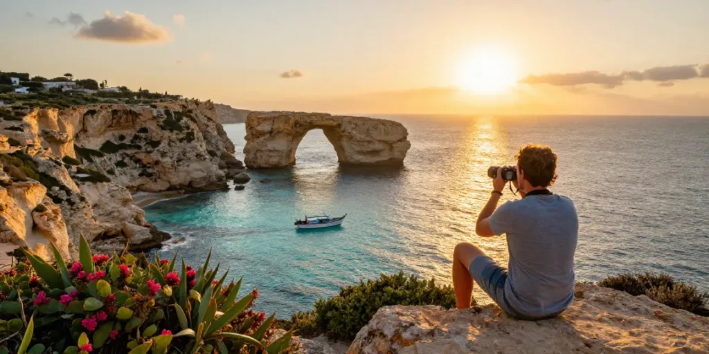 Gozo tours sunset view at Azure Window with traveler capturing memories.