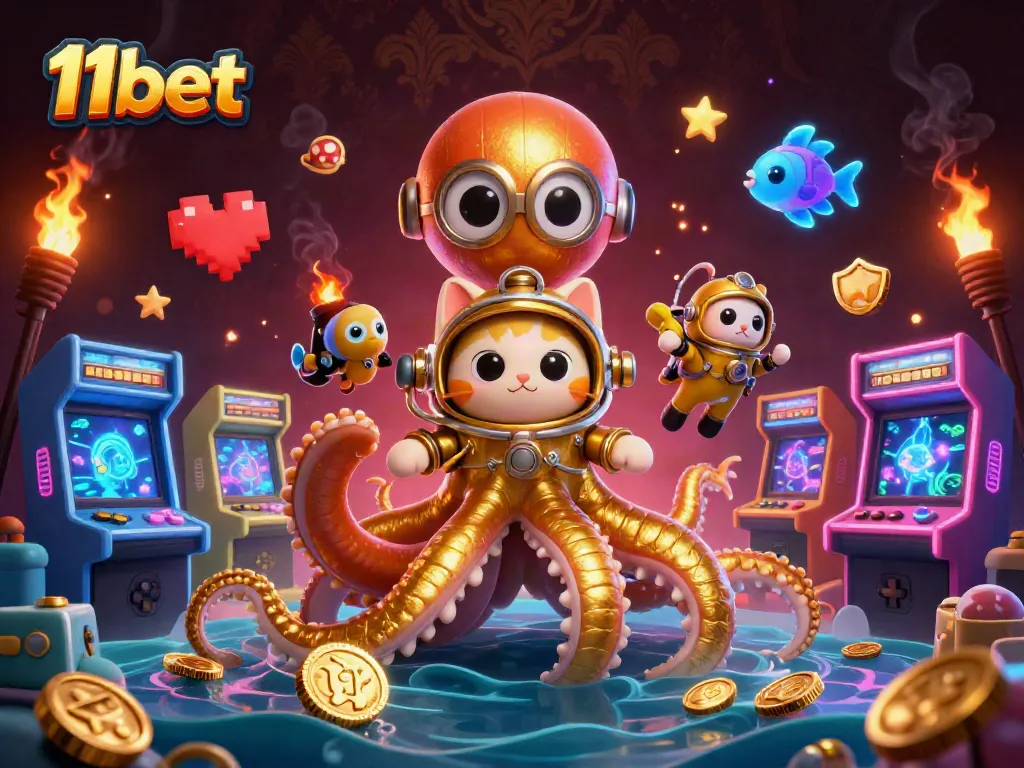 Win big at 11bet with an exciting 3D casino scene featuring characters and games.
