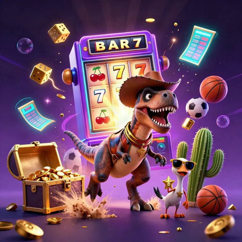 Ground-level cartoon T-Rex casino burst with slot reels, gold, and sports balls