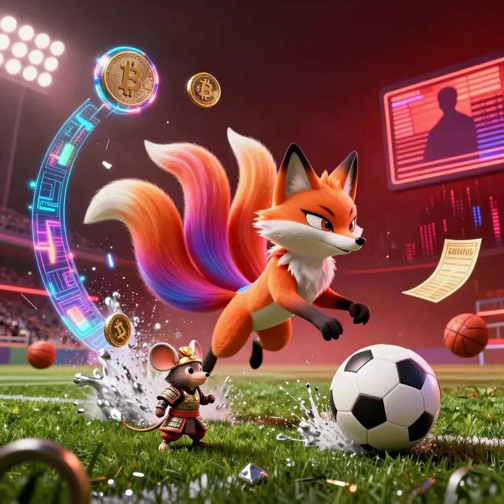 Neon fox spirit and armored mouse blasting past a frozen soccer ball with casino energy