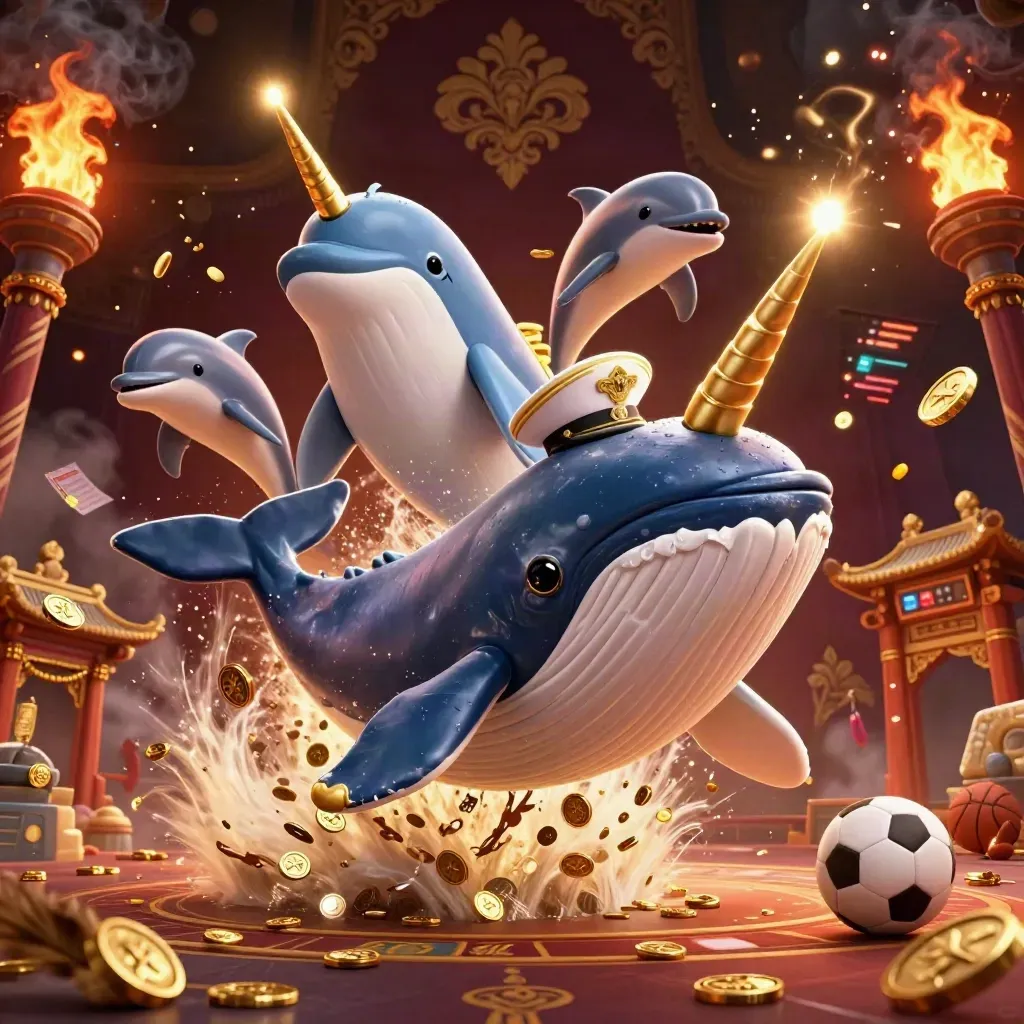 Whale captain, narwhal and dolphins erupt through coins under torchlit casino glamour