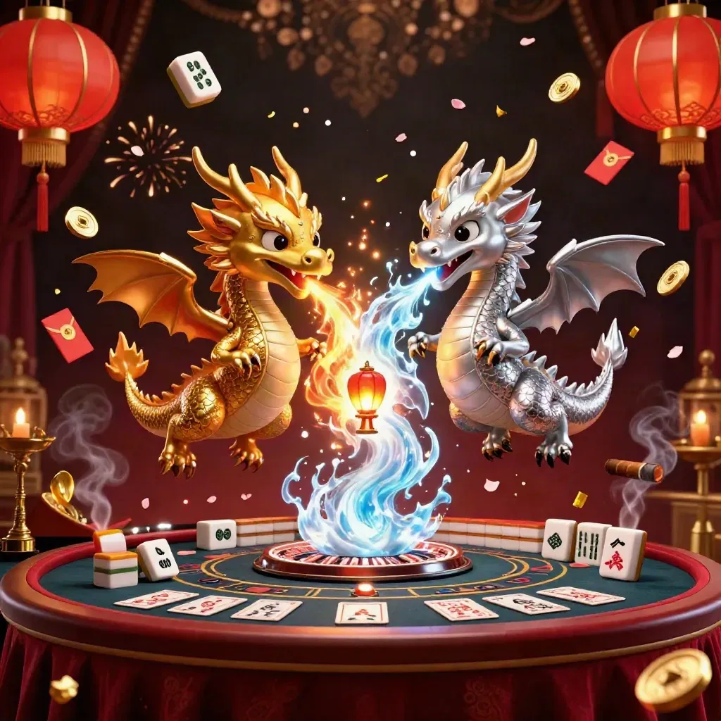 Gold and silver dragons spiral in casino lights amid lanterns, coins, petals, and smoky burgundy glamour.