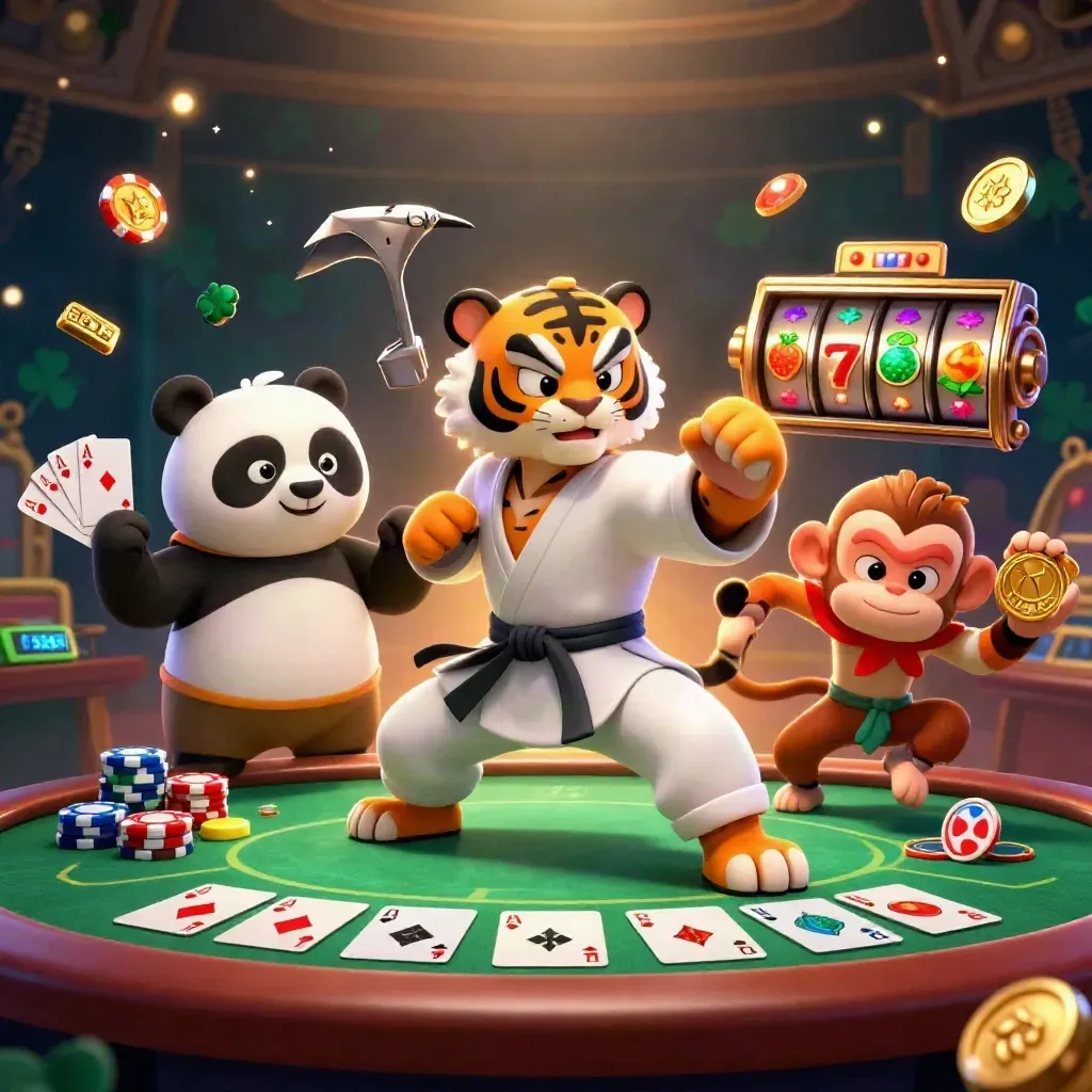 Kung-fu tiger, panda, and monkey burst amid chips, aces, reels, and glowing casino treasure