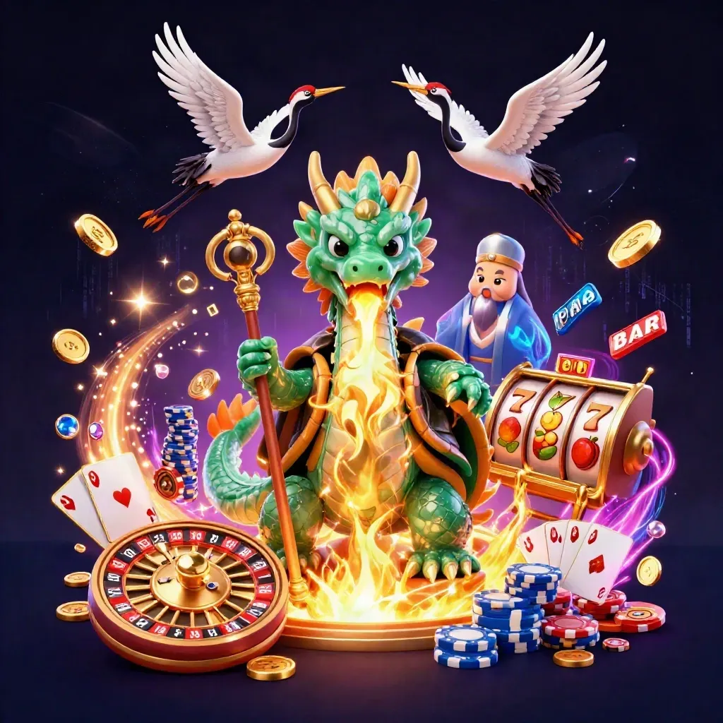 Jade dragon, turtle sage, and cranes amid casino gems, coins, reels, and golden fire.