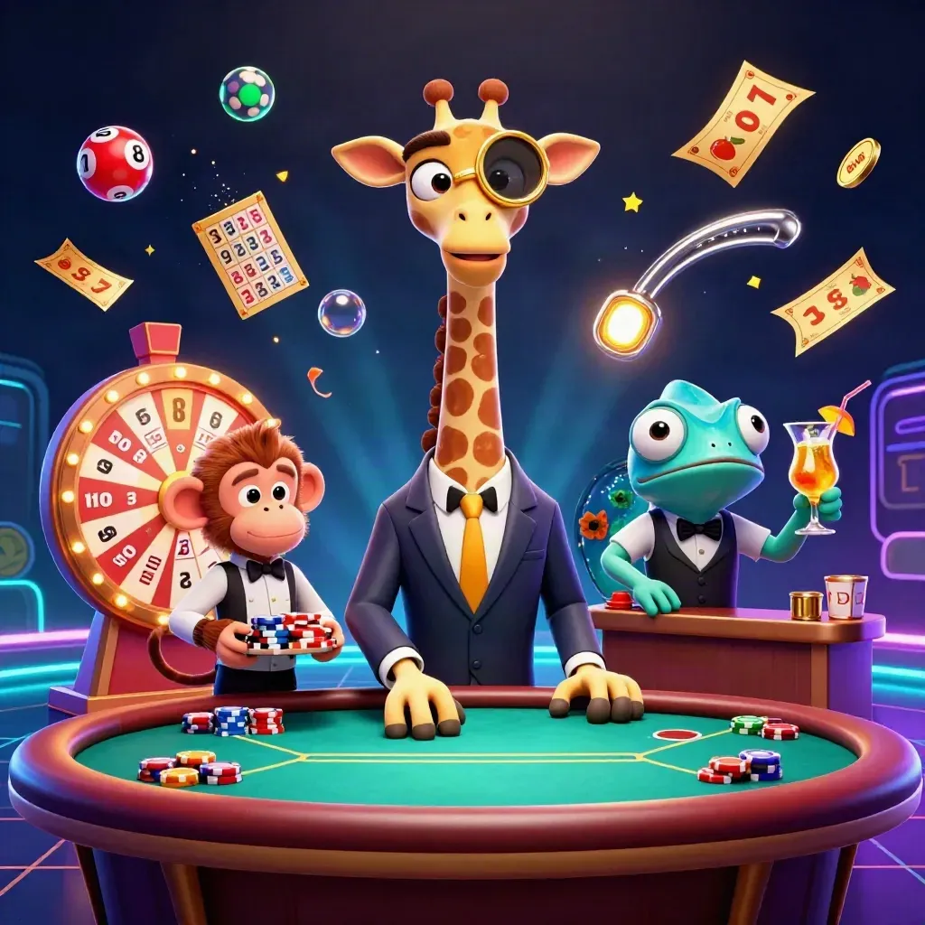 Giraffe, monkey and chameleon at a neon poker table with exploding lottery balls and treasure.