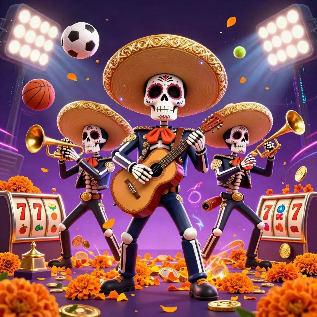 Day-of-the-Dead mariachi skeleton trio amid flying balls, coins, trophy, neon energy, and slot symbols.