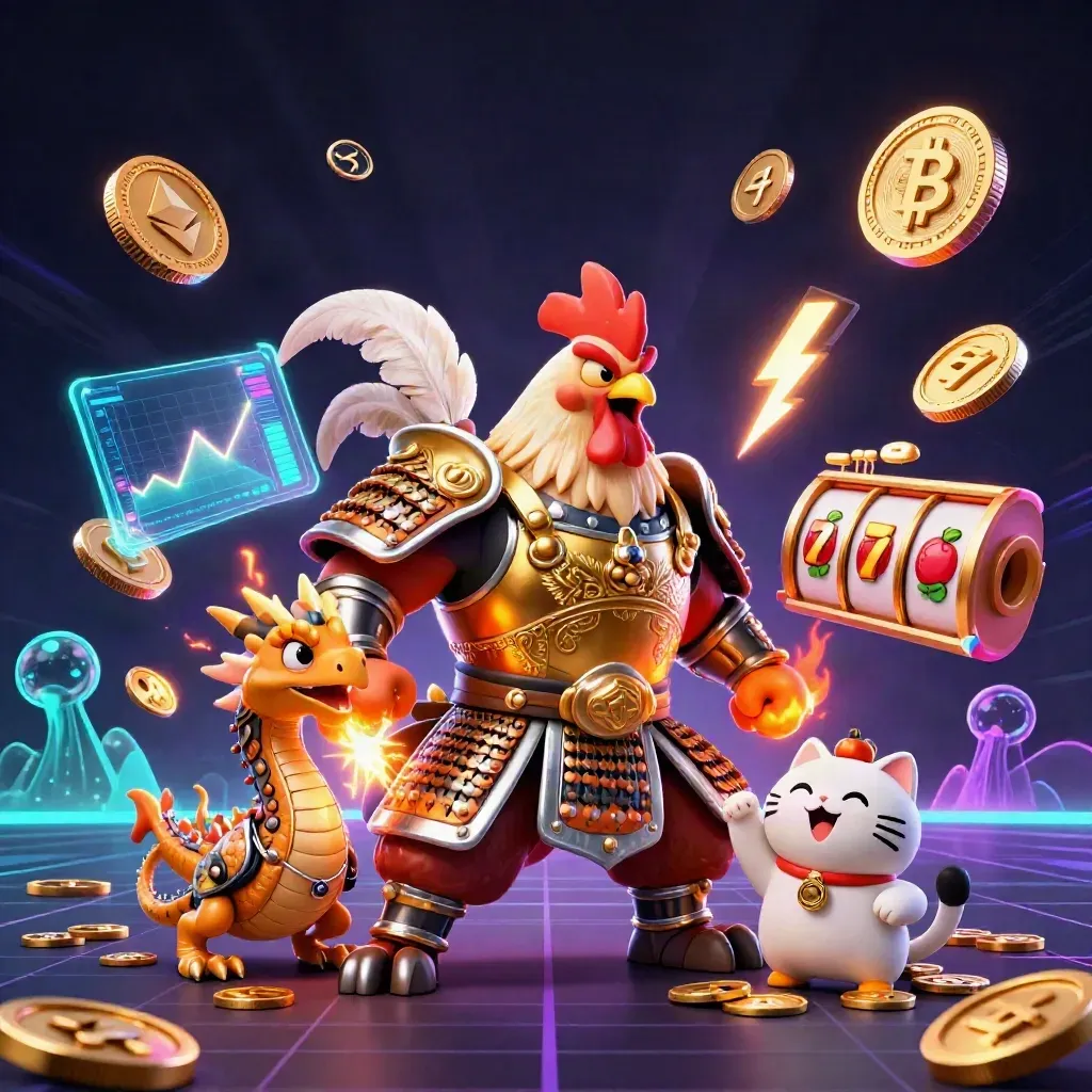 Rooster samurai, dragon hatchling, and fortune cat amid neon coins and sparks