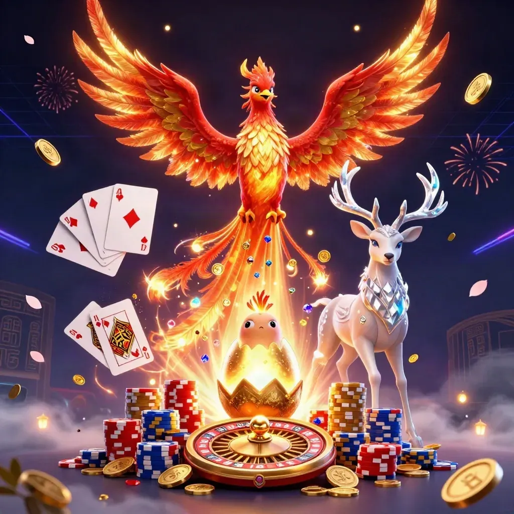 Phoenixes and a crystal stag burst through coins, chips, cards and sparks in a dark neon casino scene.