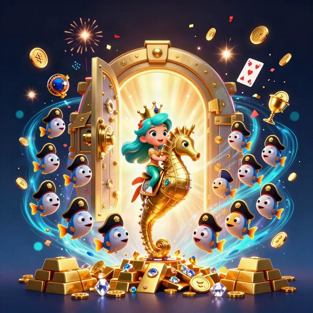 Mermaid princess on golden seahorse bursts from vault amid coins, gems, fish, fireworks