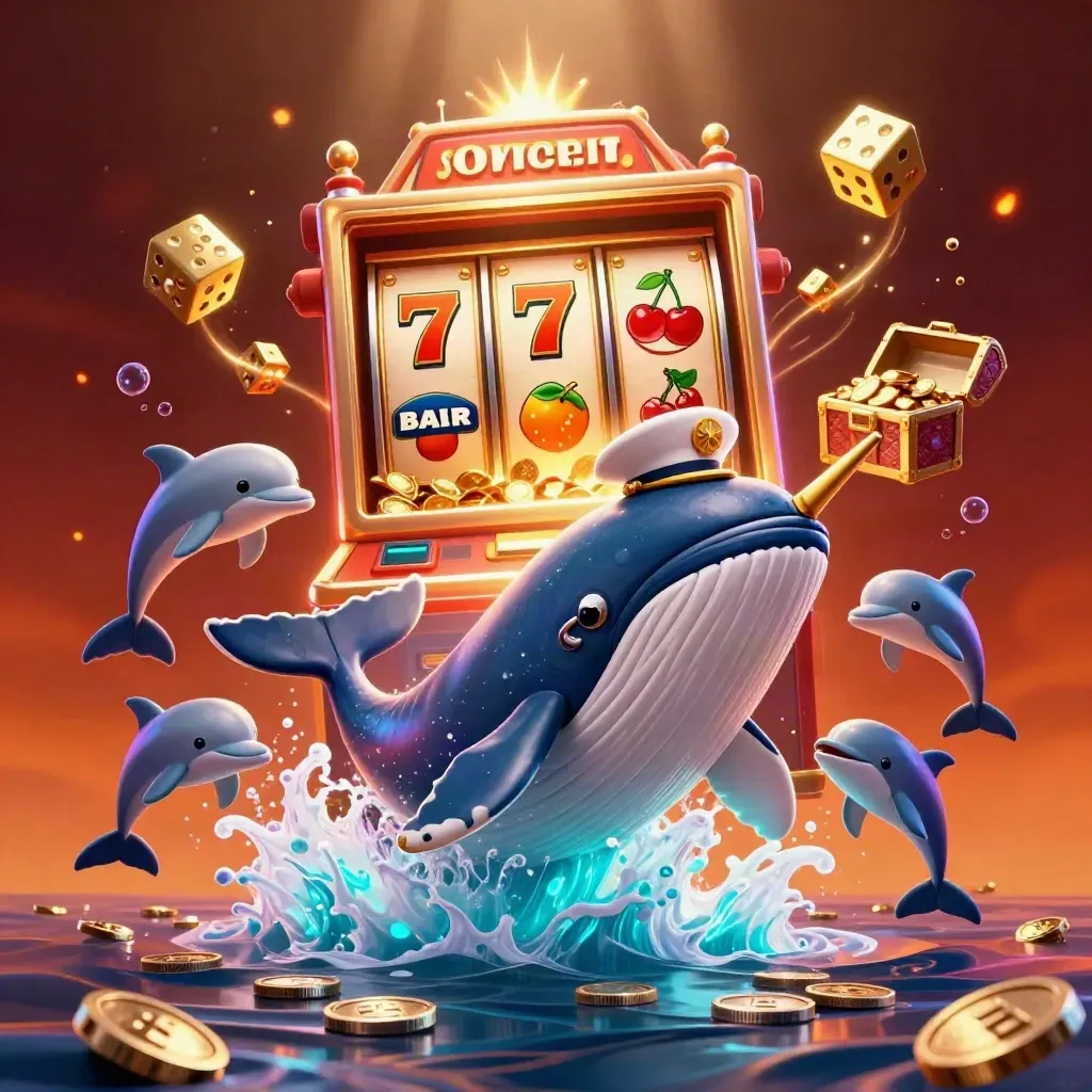 Captain whale, narwhal, and dolphins amid slot-machine jackpot coins and glowing casino effects.