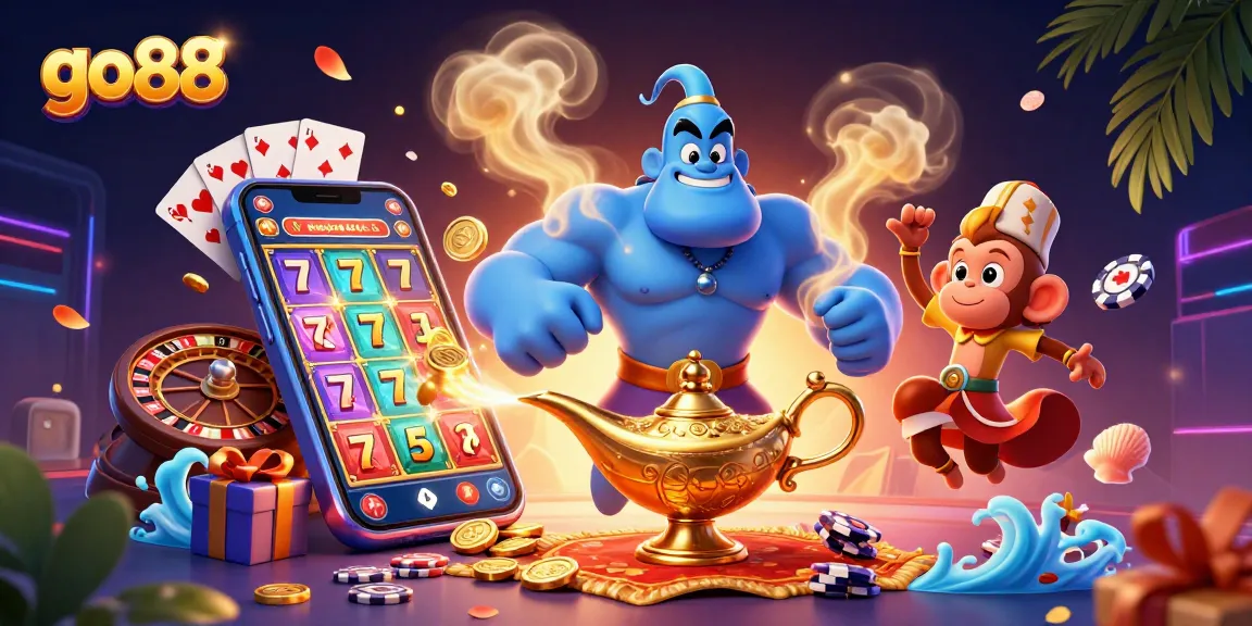 Experience thrilling casino magic with go88's vibrant genie, poker chips, and exciting gaming elements.