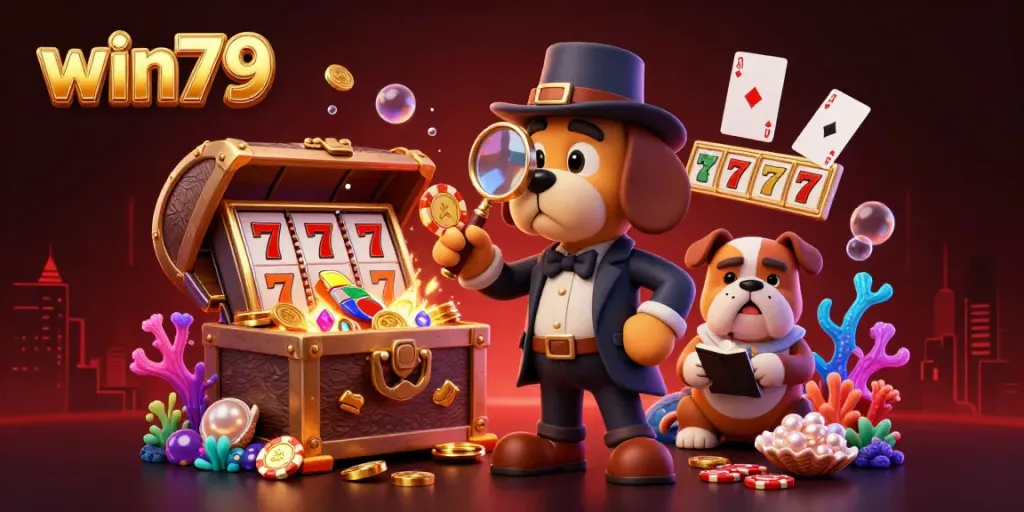 win79 poker game scene with a detective and treasure elements showcasing excitement.