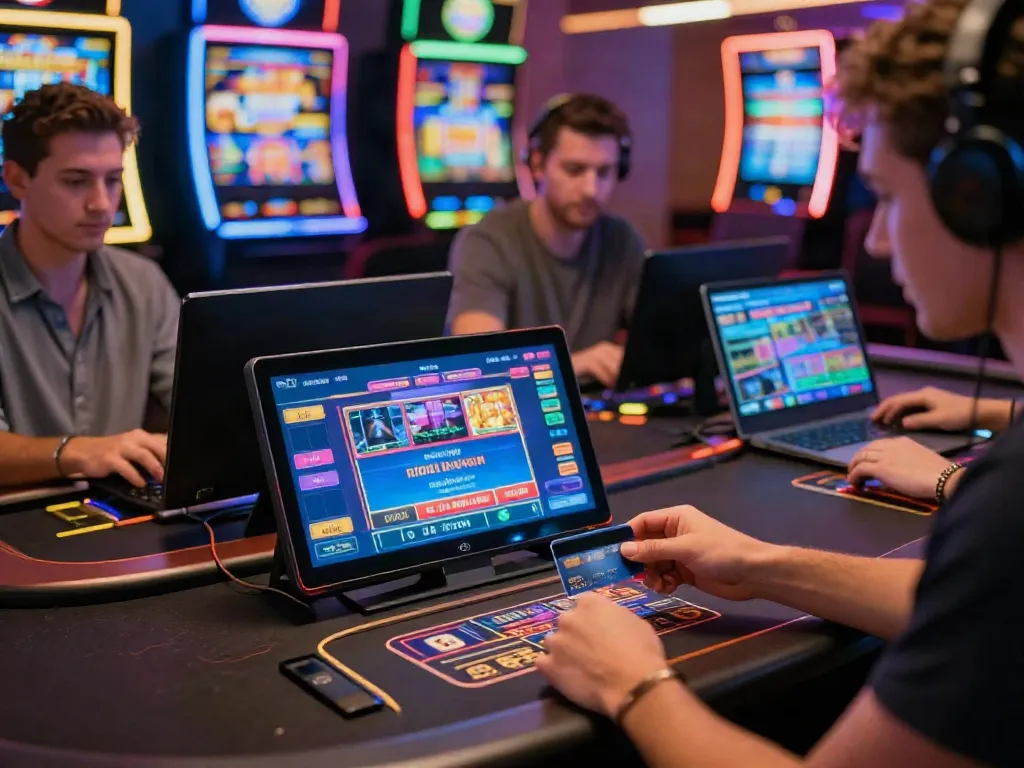 The best credit card casinos depicted with players engaging in games using their credit cards in a lively online casino environment.