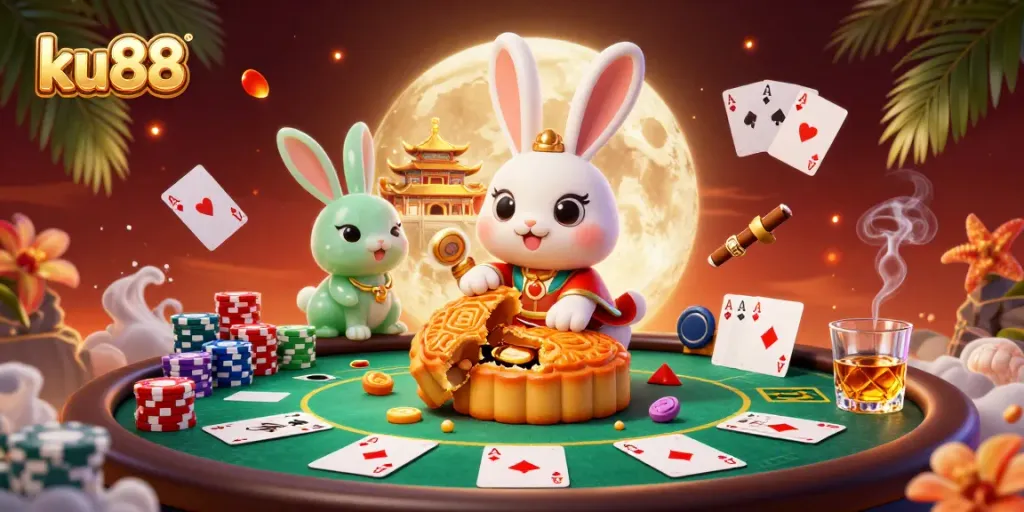 Engage with ku88 casino action as the moon rabbit reveals poker chips from mooncakes in a vibrant scene.