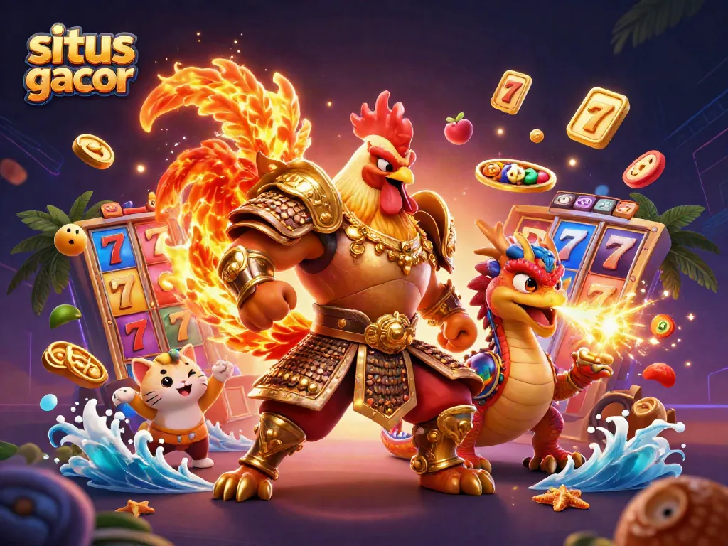 Engage in thrilling gameplay with situs gacor featuring cartoon warriors, dynamic slot elements, and an immersive casino atmosphere.