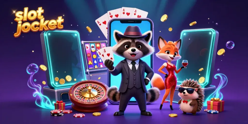 Celebrate a thrilling slot jackpot moment with vibrant raccoon and fox characters amidst casino excitement.