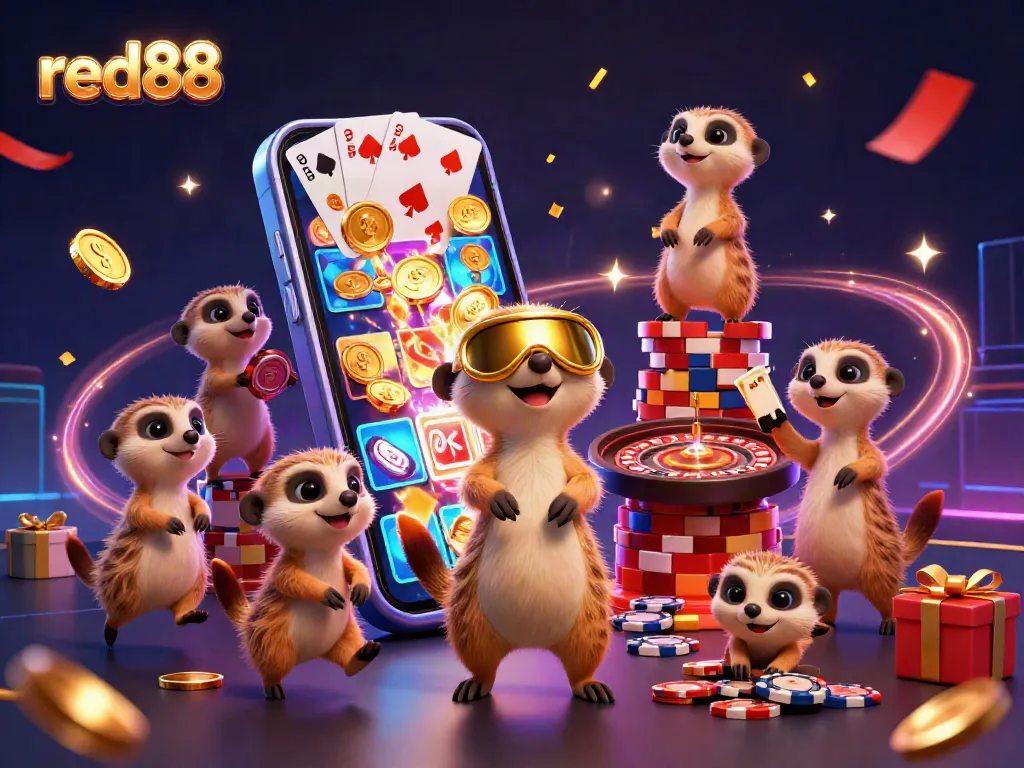red88 casino scene featuring meerkats engaging in lively gaming activities with slot games and poker chips.