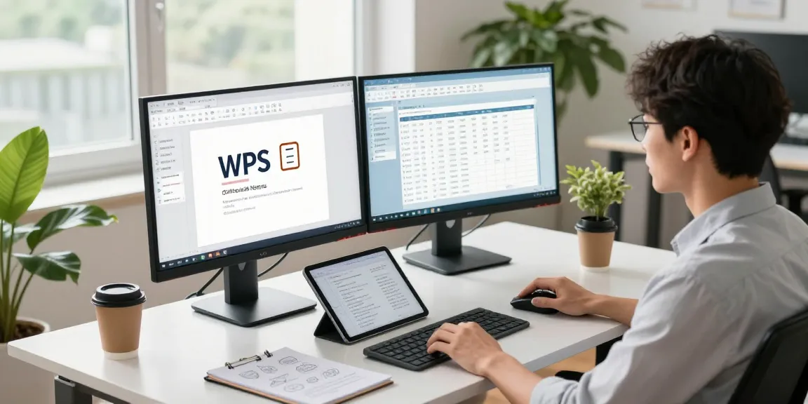 Professional workspace showcasing WPS Official Website applications on dual monitors, vibrant office atmosphere.