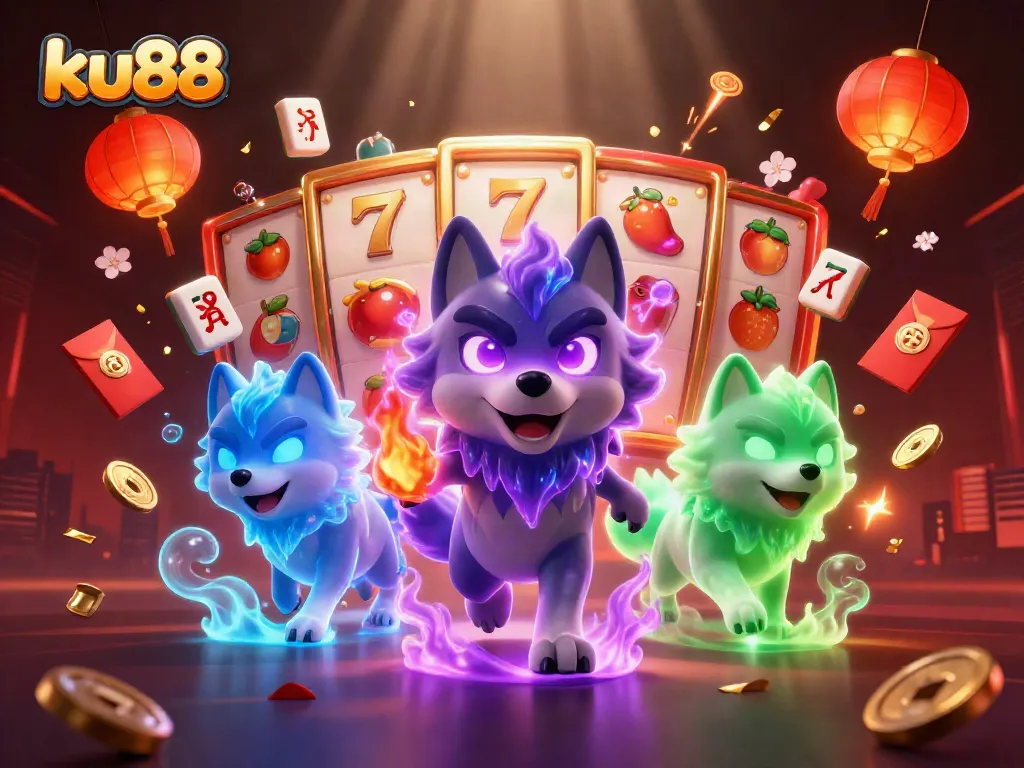 Engage with ku88's exciting gameplay featuring dynamic slot reels, colorful symbols, and mystical wolf characters in a vibrant 3D scene.