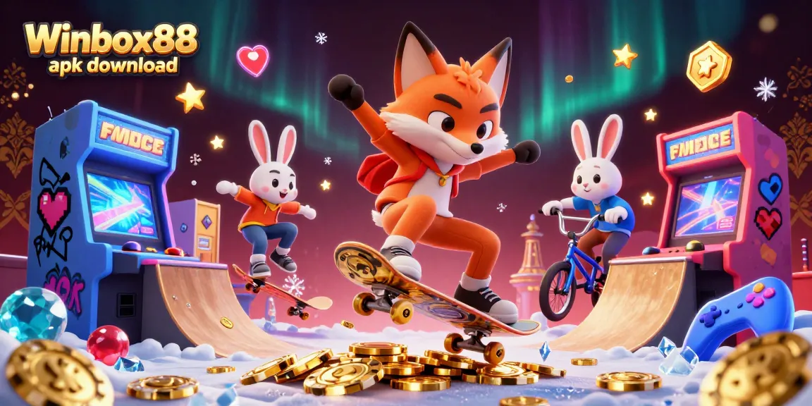 Winbox88 apk download offers an exciting gaming experience featuring a playful fox and rabbit in a dynamic casino-themed scene.