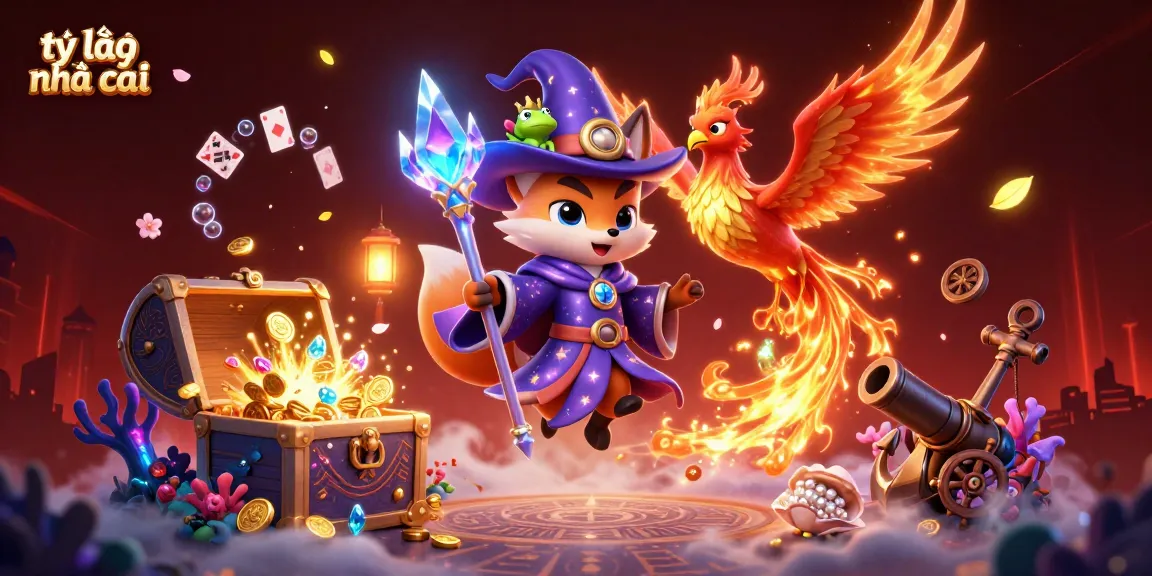 Experience the excitement of tỷ lệ nhà cái with vibrant 3D wizards, phoenix, and casino elements.